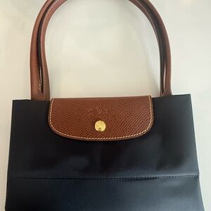 Longchamp Large Dark Navy Blue and Brown Shoulder Tote Bag Classic Design